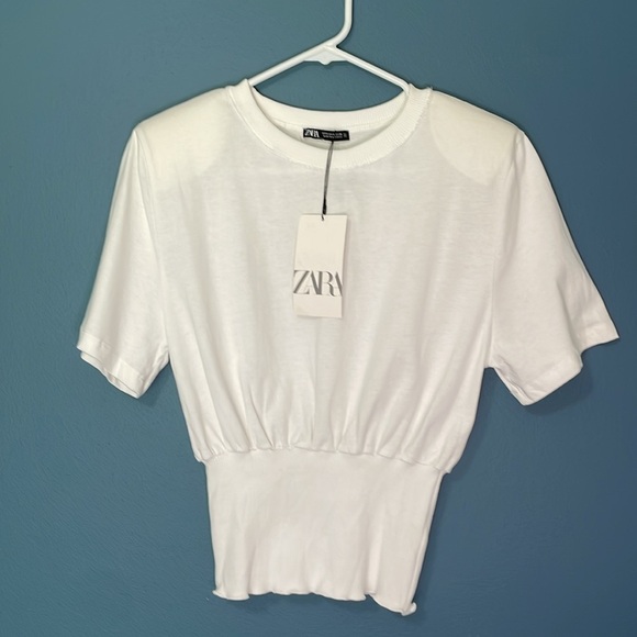 Zara NWT Fitted Classic White Short Sleeve Top With Shoulder Pads Size Small - Picture 1 of 7